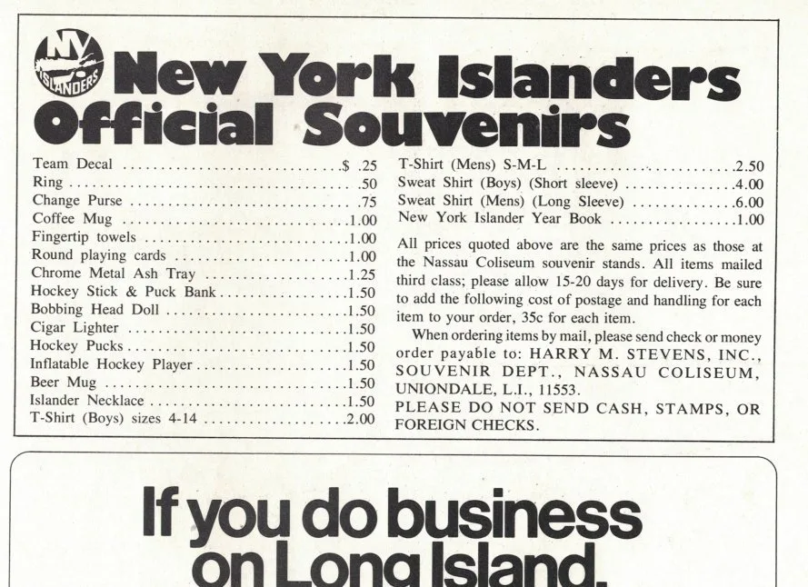 March 1973 Islanders program advertisement listing a bobbing head doll